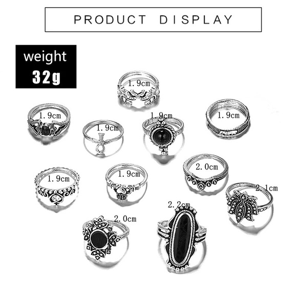 BRAND NEW Bohohemian Ring Set Black Stone & Silver Tone 10 Unique Gypsy Rings - Picture 3 of 4